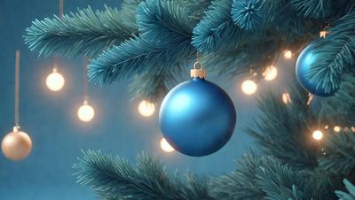 The primary subject of the image is a blue Christmas ornament hanging from a tree. The setting is a Christmas tree with lights, creating a festive atmosphere. The visual style is a digital art or illustration, giving the image a vibrant and colorful appearance. The dominant colors are blue and green, with the blue ornament being the main focus of the scene.
